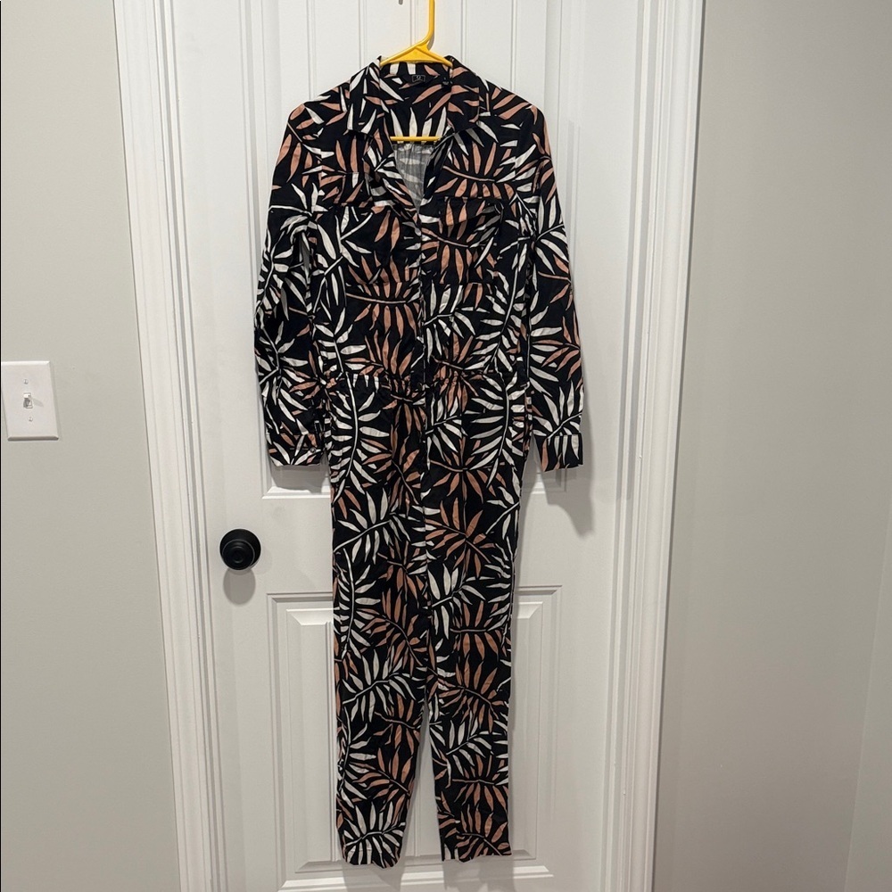 G by Giuliana Black and Tan Leaf Print Jumpsuit